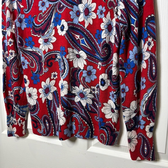 Talbots Audrey Sweater Large 100% Pure Merino Wool Long Sleeve Floral Red Blue - Picture 6 of 11